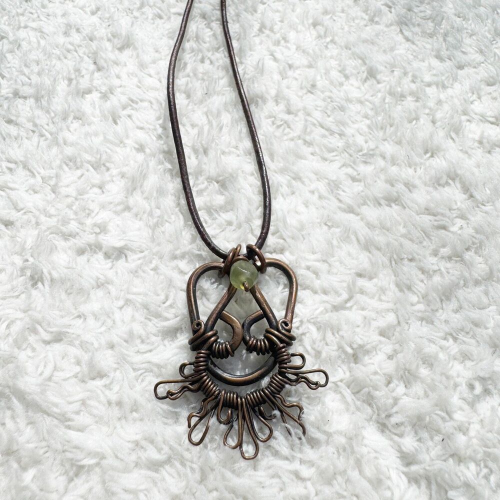 Antiqued Copper Wire Wrapped Pendant Necklace Green Stone Hawaiian Art